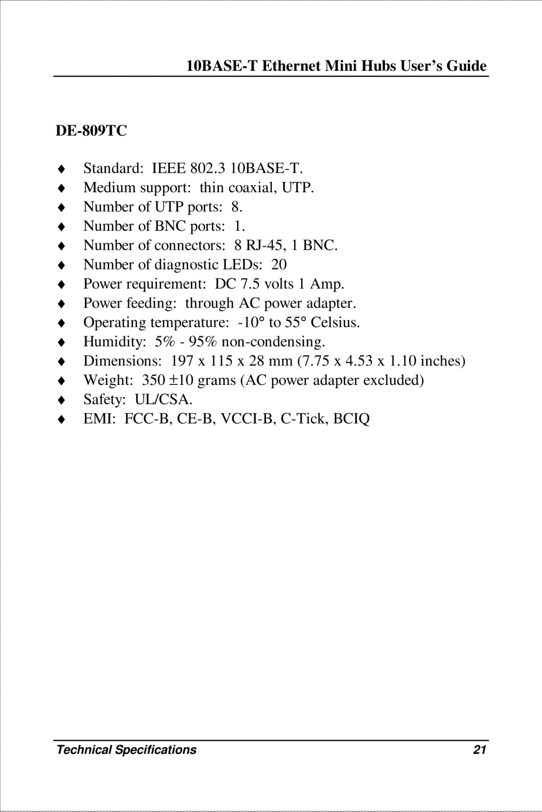 D-Link DE-809TP manual 10BASE-T Ethernet Mini Hubs User’s Guide DE-809TC 