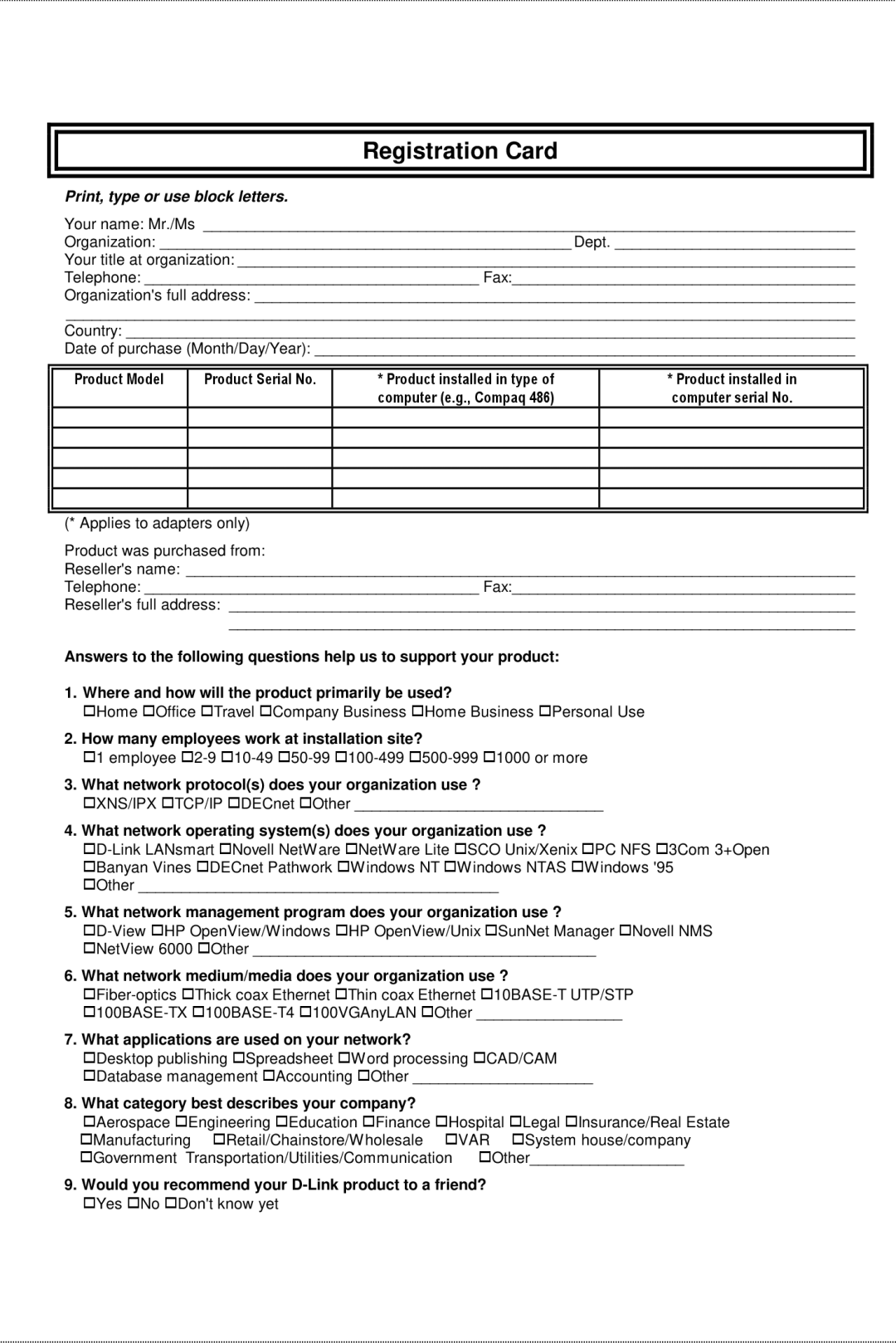 D-Link DE-809TP, DE-809TC manual Registration Card 