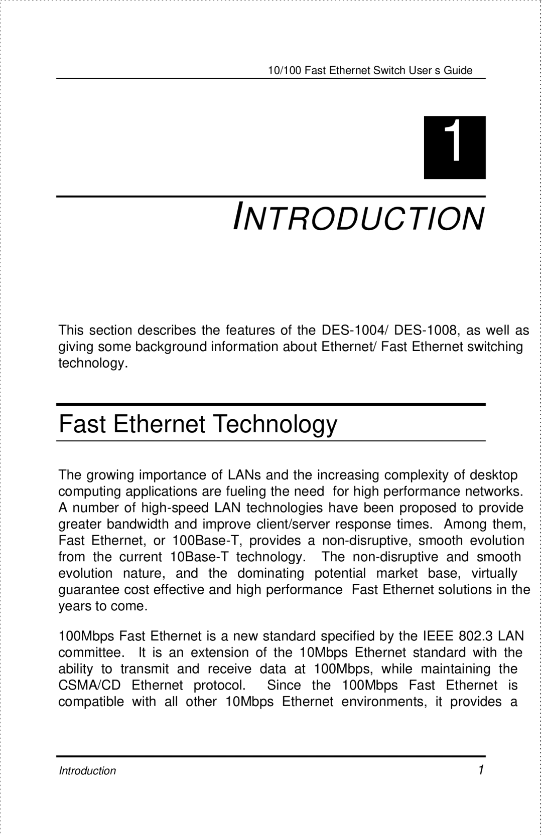 D-Link DES-1004 manual Introduction, Fast Ethernet Technology 