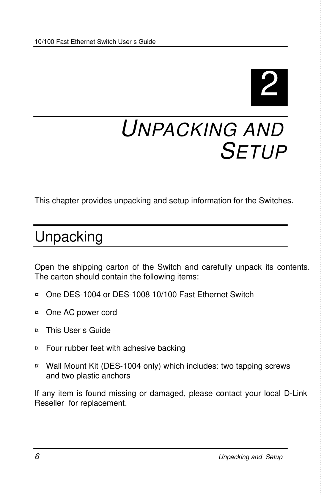 D-Link DES-1004 manual Unpacking and Setup 