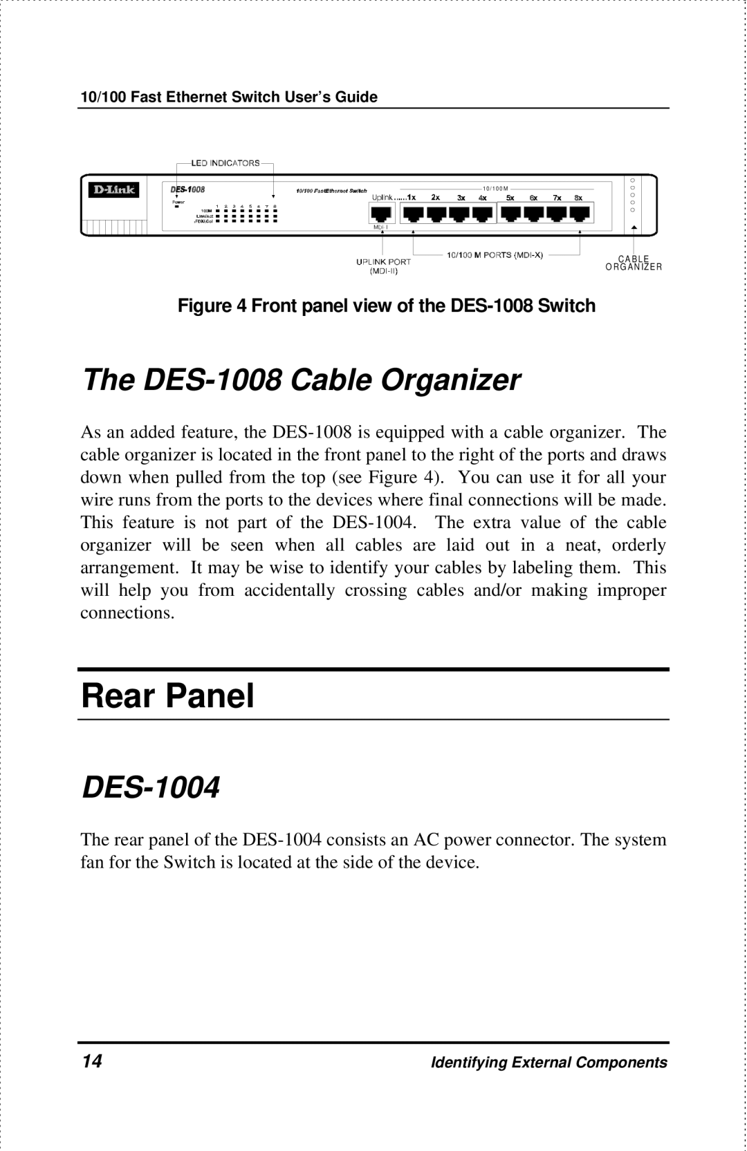 D-Link DES-1004 manual Rear Panel, DES-1008 Cable Organizer 