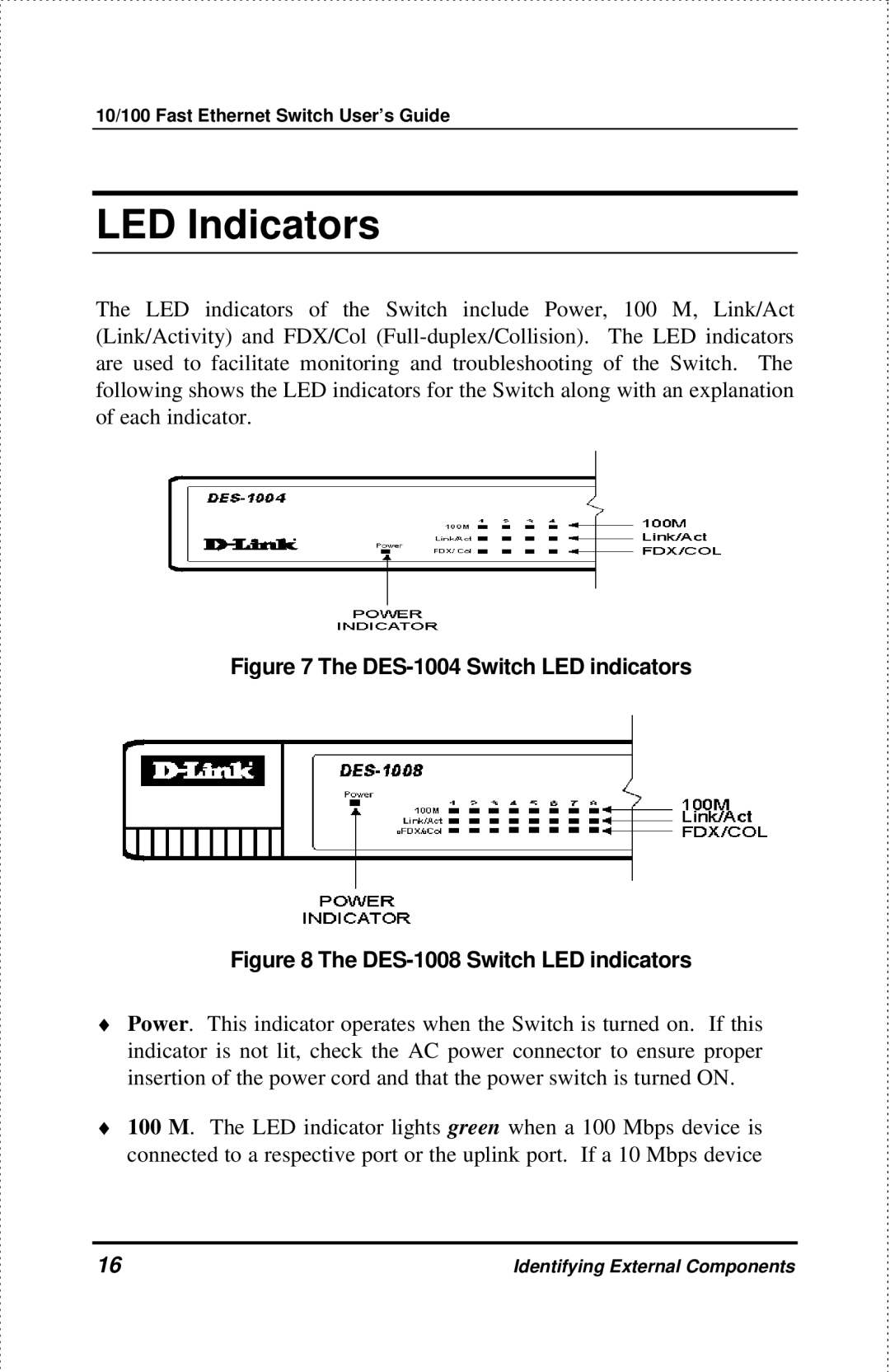 D-Link manual LED Indicators, DES-1004 Switch LED indicators 