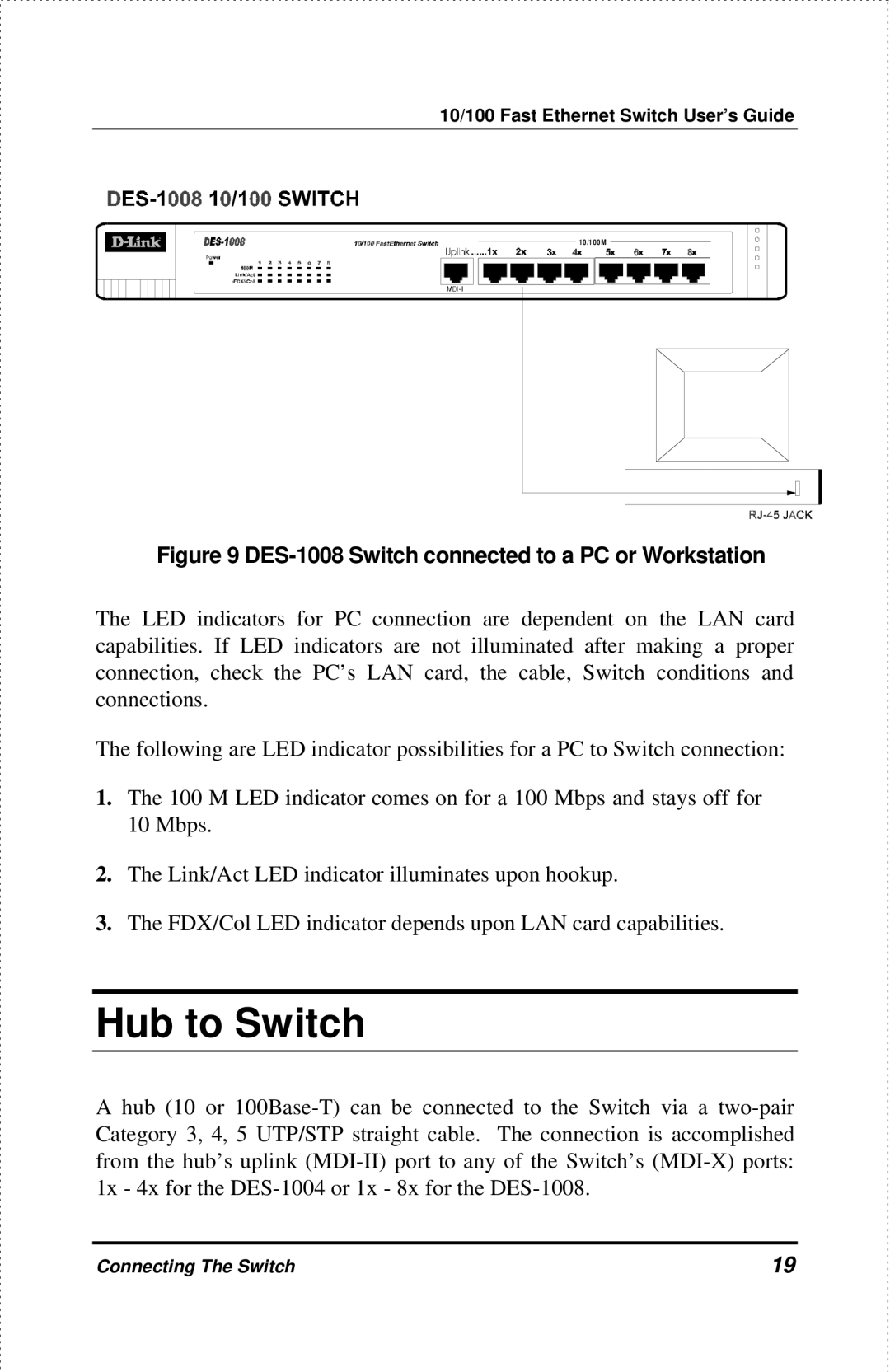 D-Link DES-1004 manual Hub to Switch, DES-1008 Switch connected to a PC or Workstation 