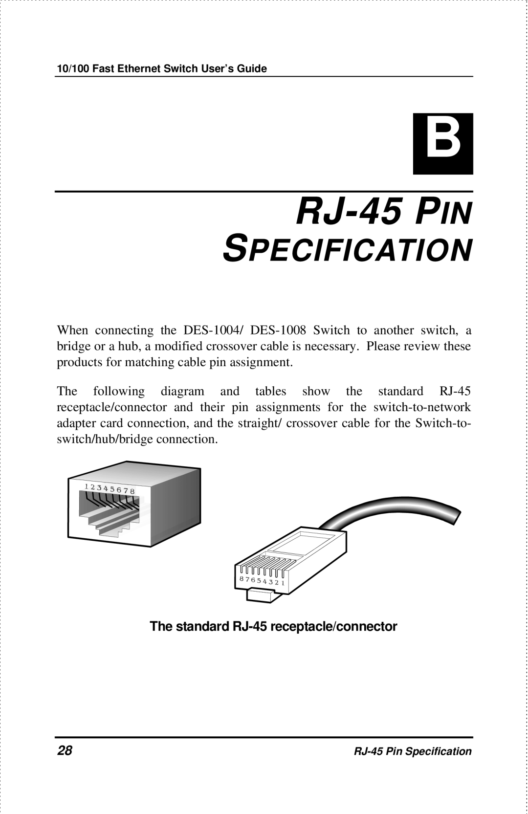 D-Link DES-1004 manual RJ-45 PIN, Specification 