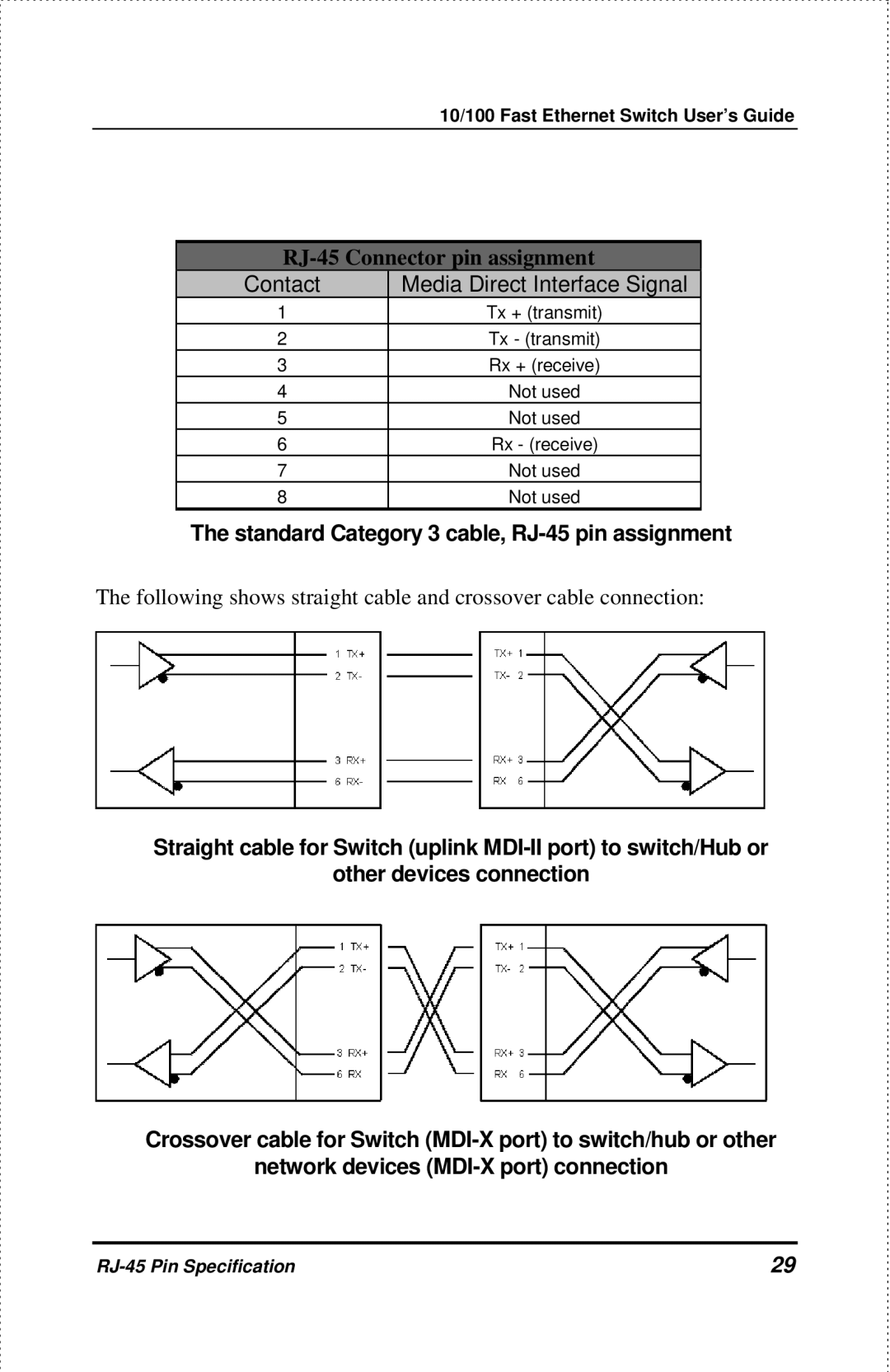 D-Link DES-1004 manual Standard Category 3 cable, RJ-45 pin assignment 