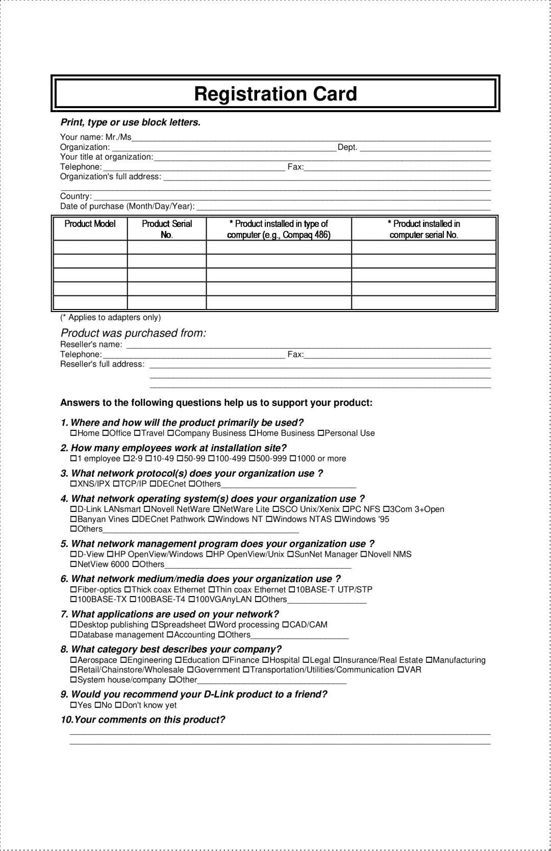 D-Link DES-1004 manual Registration Card 