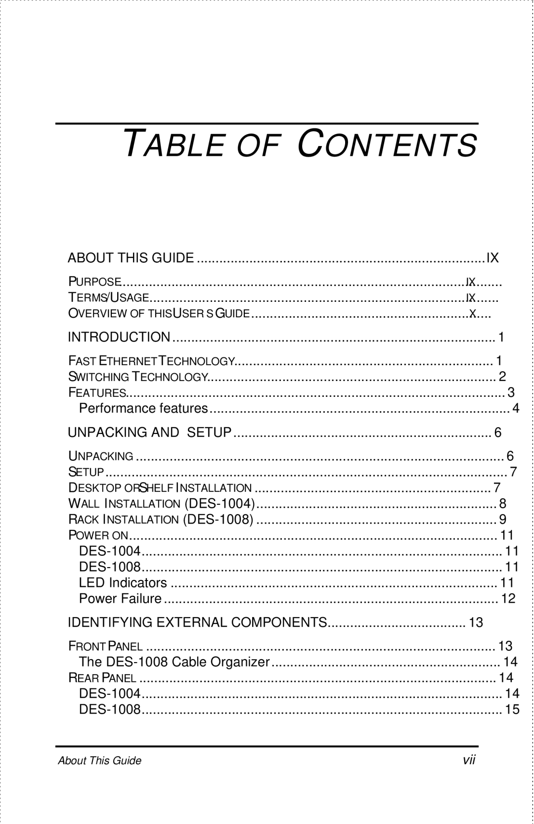 D-Link DES-1004 manual Table of Contents 