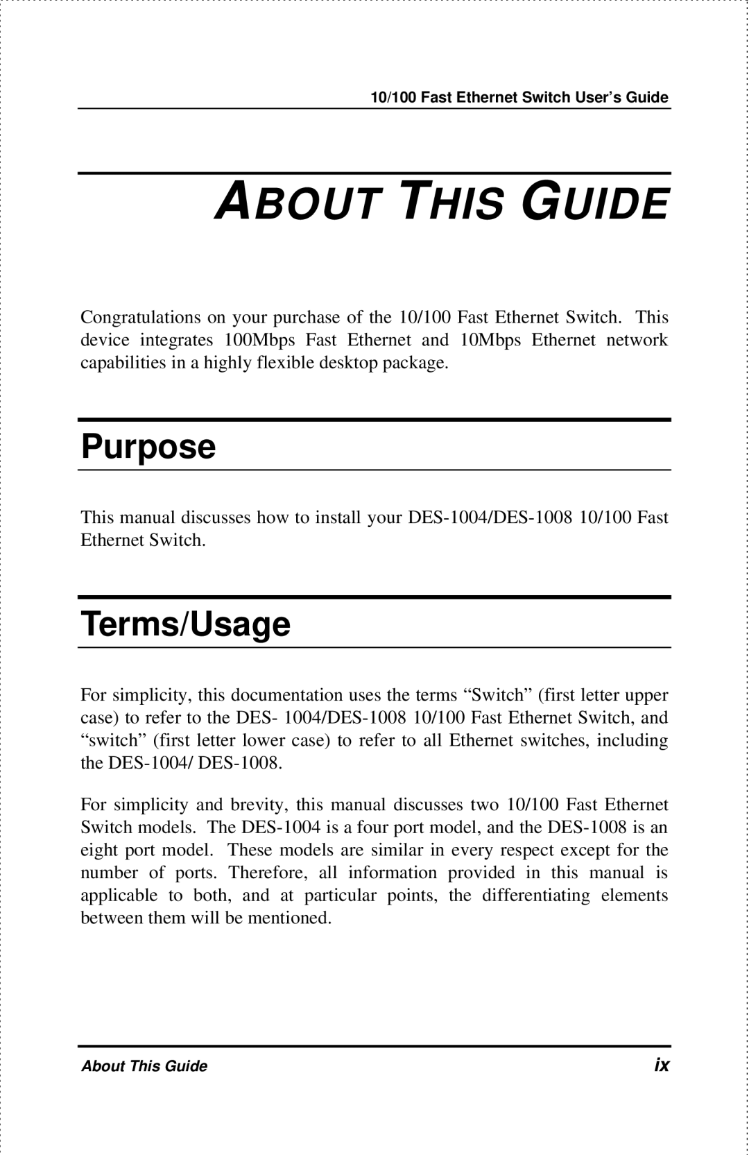 D-Link DES-1004 manual About this Guide, Purpose, Terms/Usage 