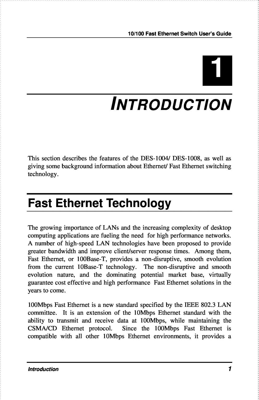 D-Link DES-1004 manual Introduction, Fast Ethernet Technology 