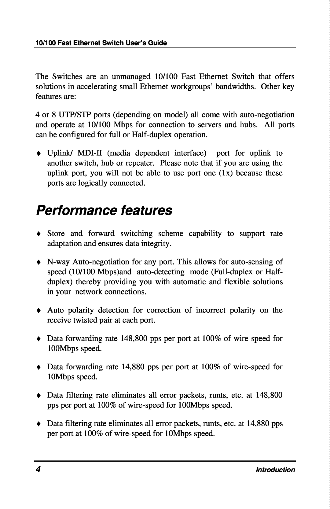 D-Link DES-1004 manual Performance features 
