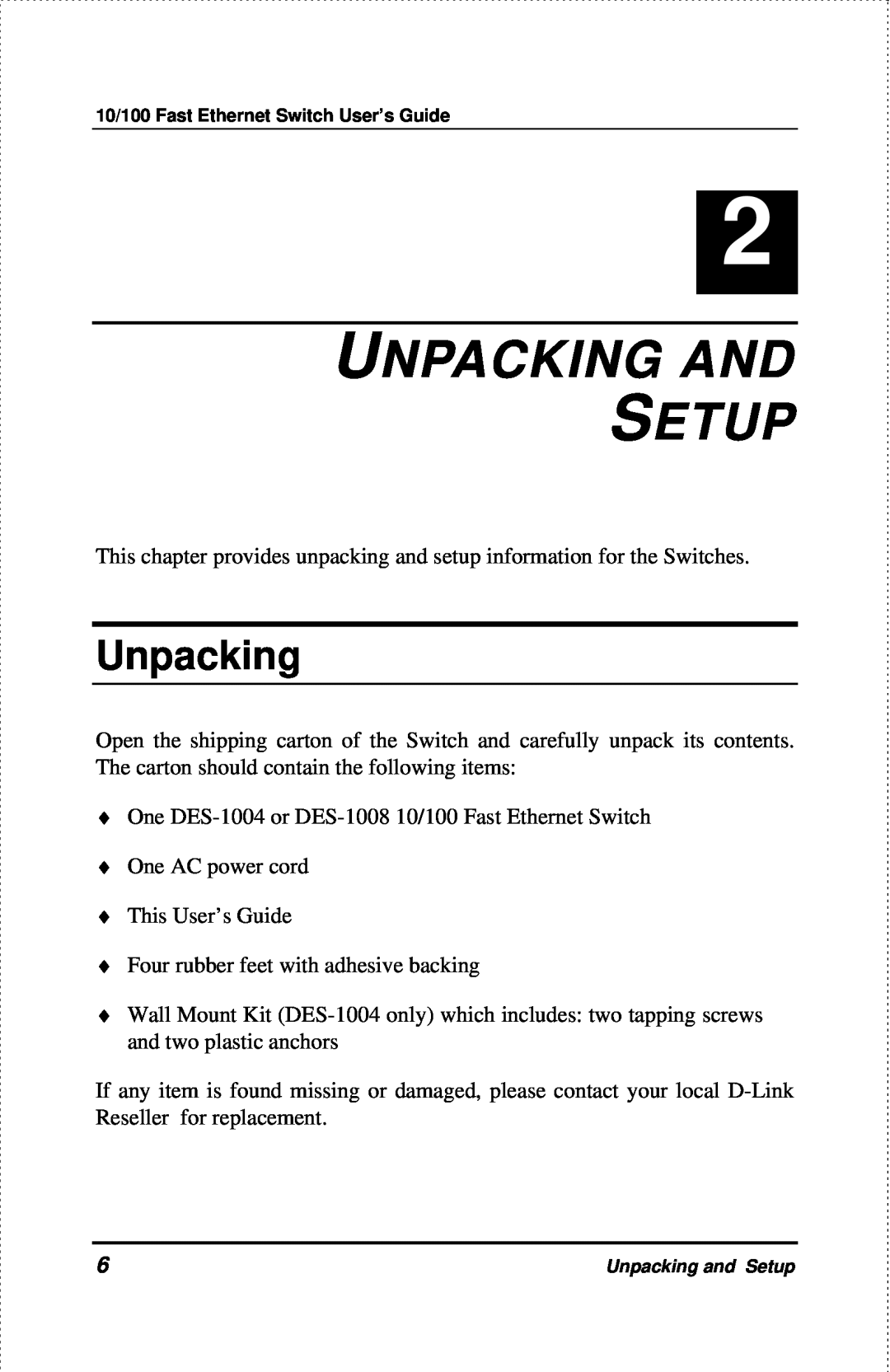 D-Link DES-1004 manual Unpacking And Setup 