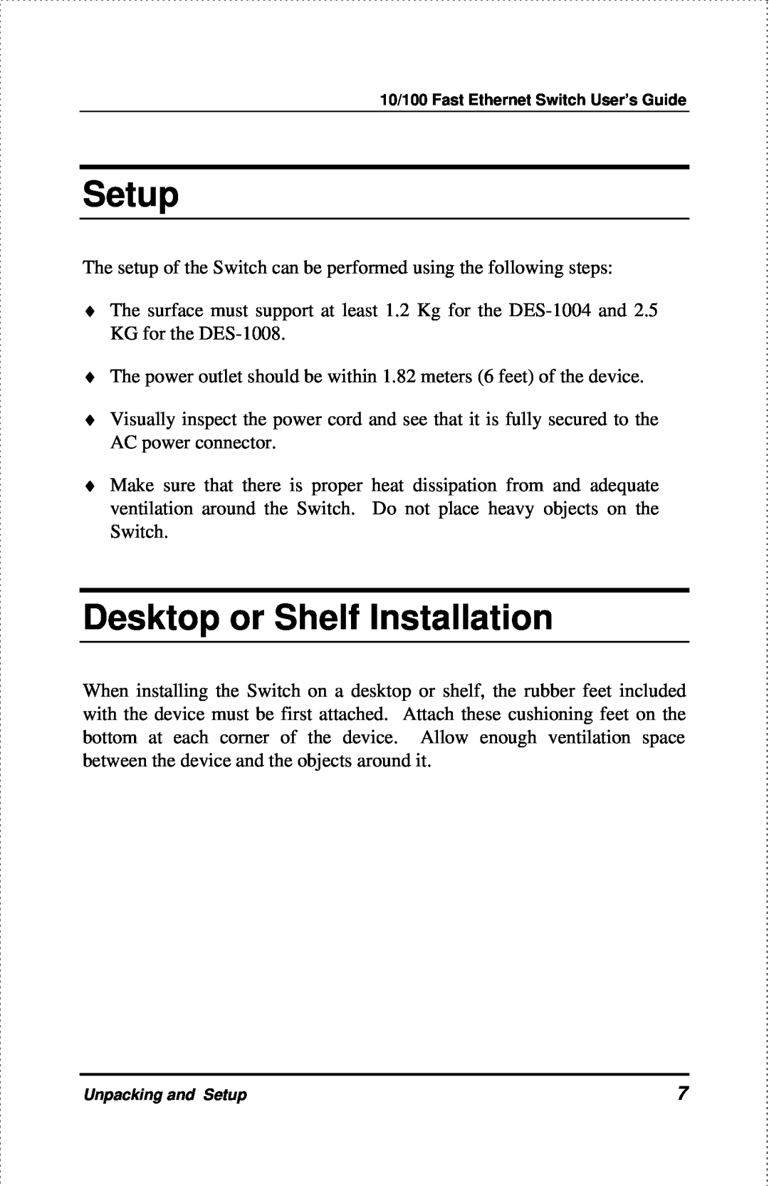 D-Link DES-1004 manual Setup, Desktop or Shelf Installation 