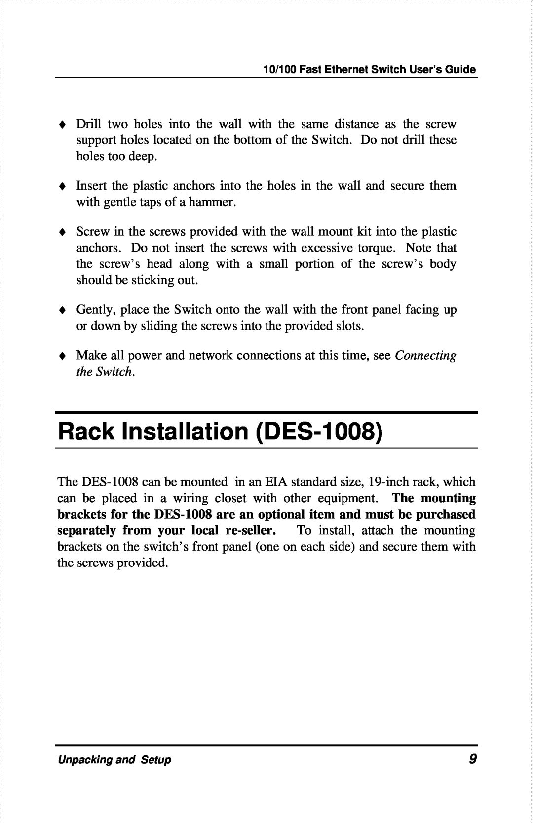 D-Link DES-1004 manual Rack Installation DES-1008 