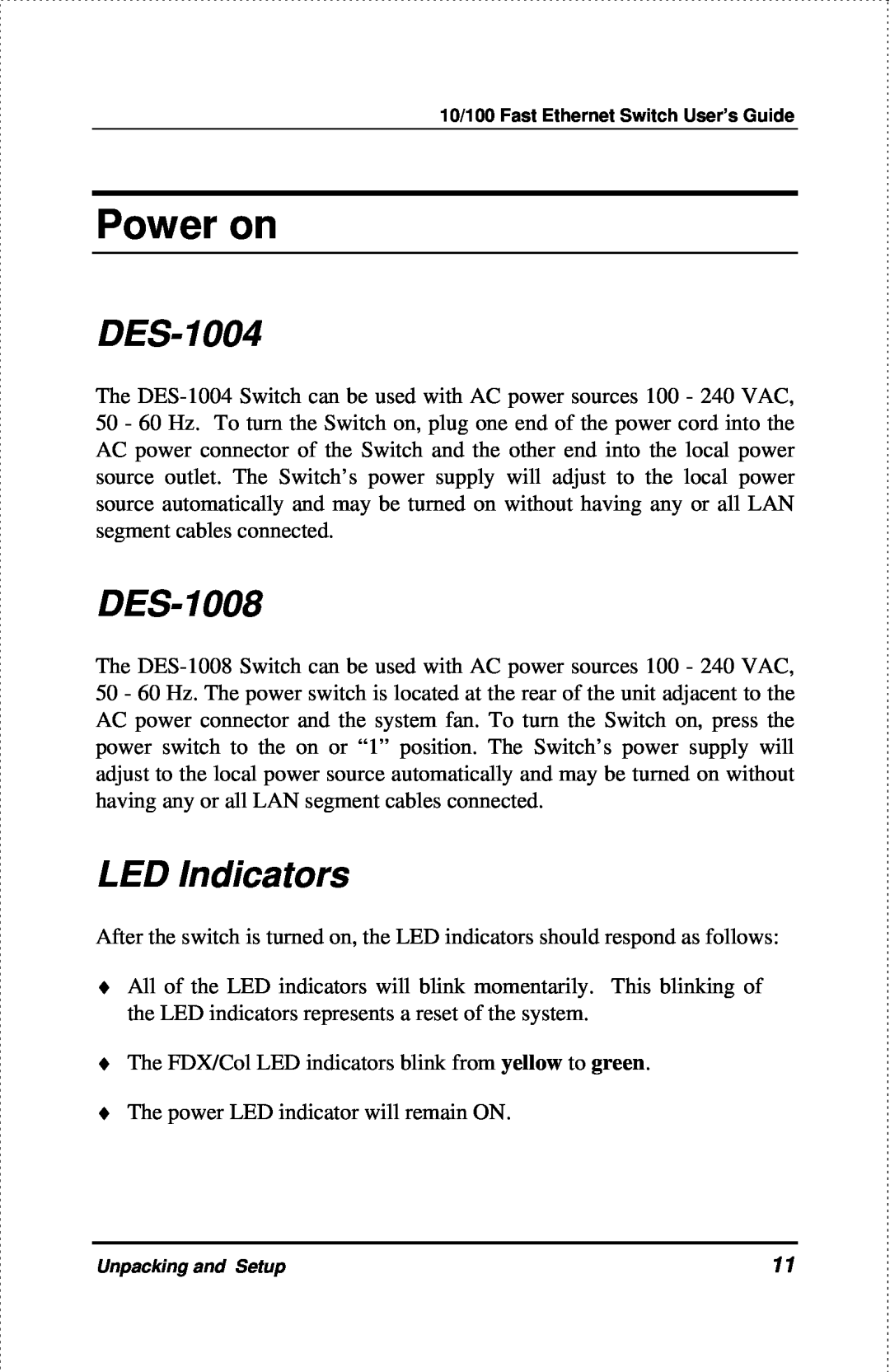 D-Link DES-1004 manual Power on, DES-1008, LED Indicators 
