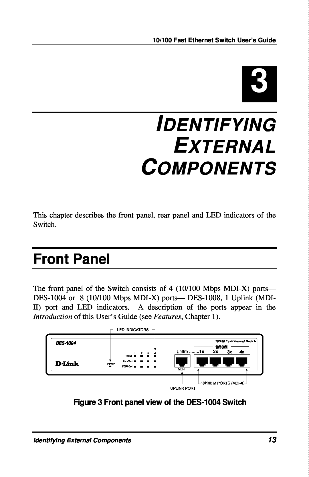 D-Link DES-1004 manual Identifying External Components, Front Panel 