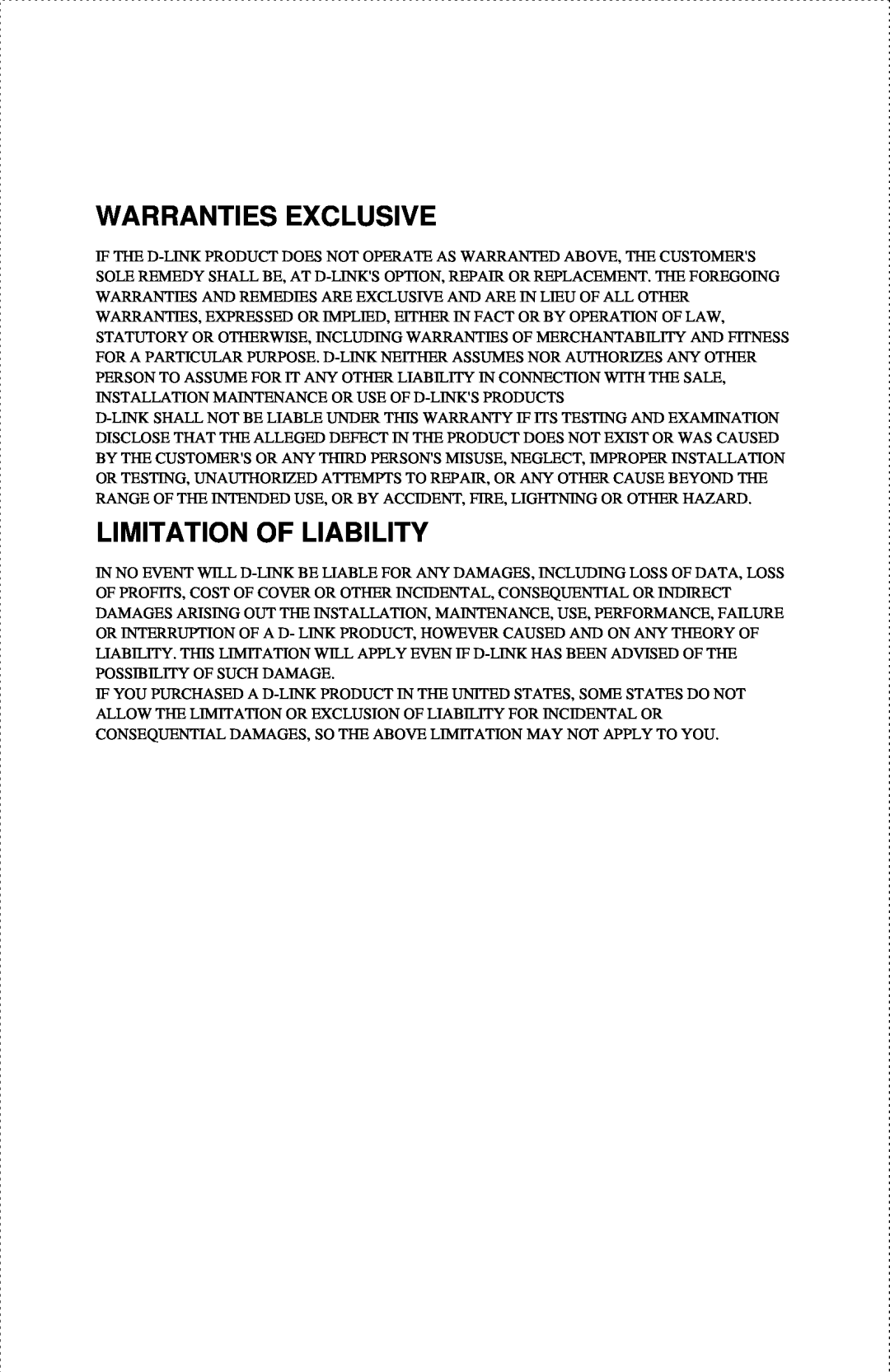 D-Link DES-1004 manual Warranties Exclusive, Limitation Of Liability 