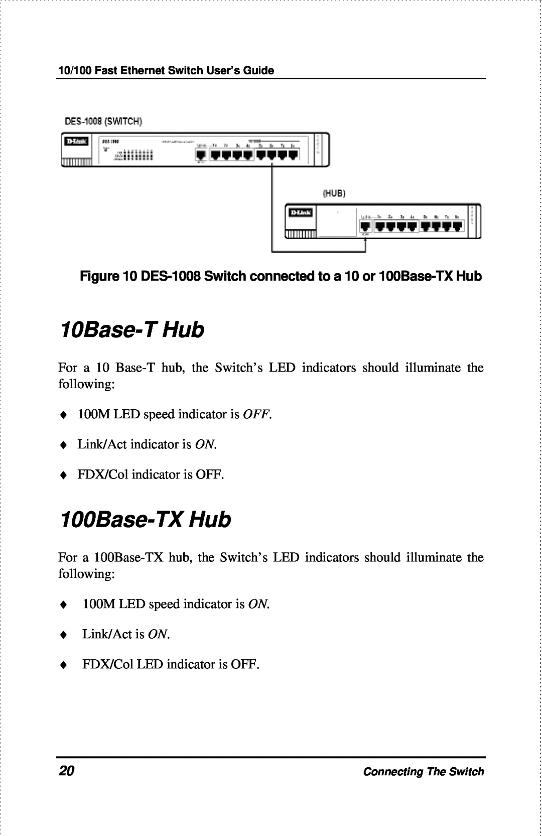 D-Link DES-1004 manual 10Base-T Hub, DES-1008 Switch connected to a 10 or 100Base-TX Hub 
