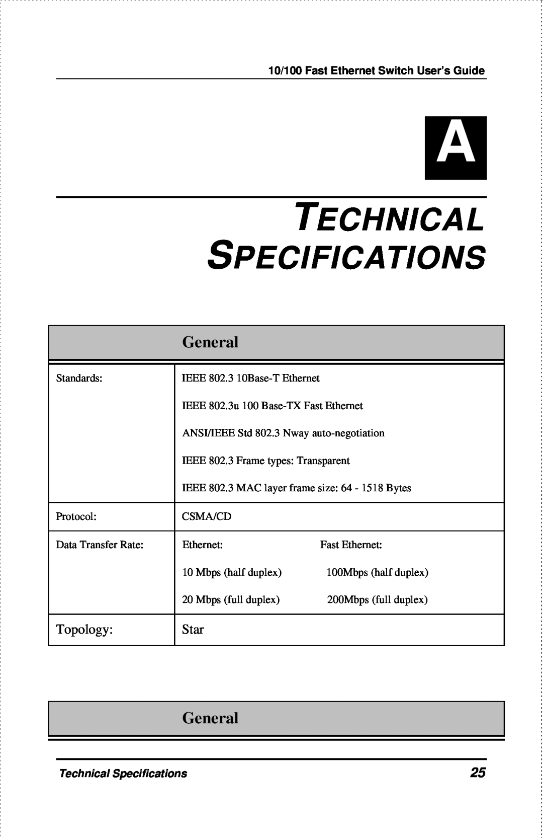 D-Link DES-1004 manual Technical Specifications, General, 10/100 Fast Ethernet Switch User’s Guide 
