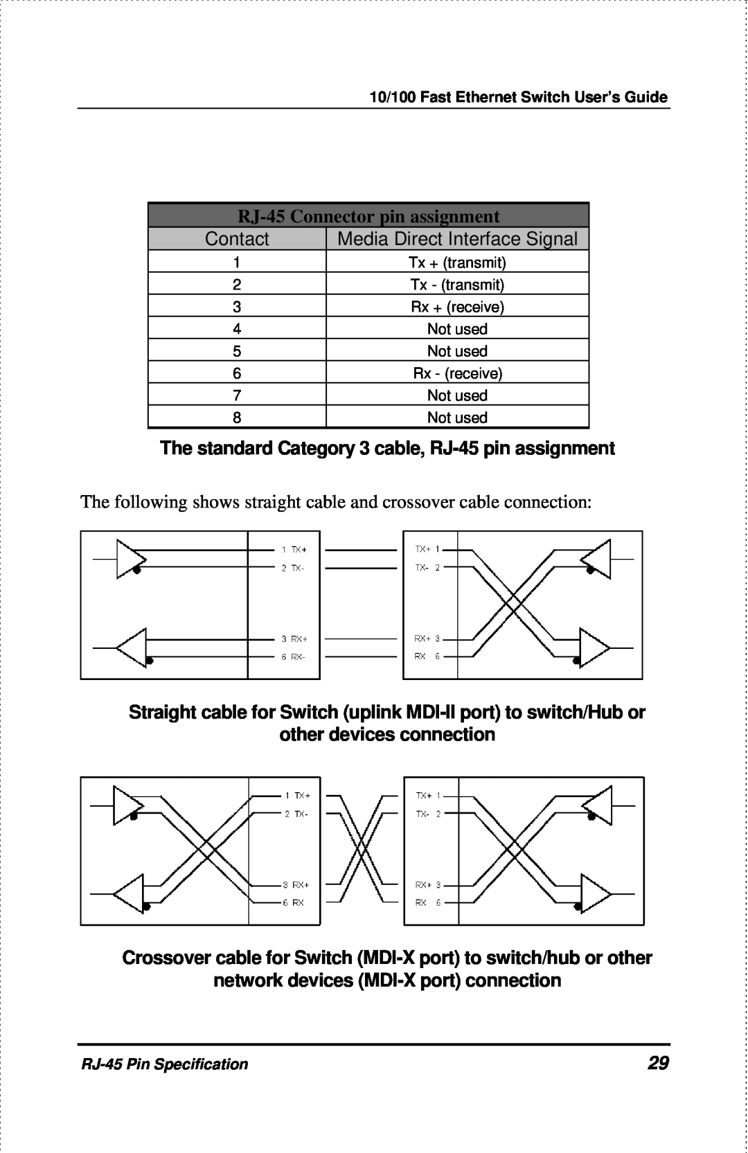 D-Link DES-1004 manual RJ-45 Connector pin assignment, The standard Category 3 cable, RJ-45 pin assignment 