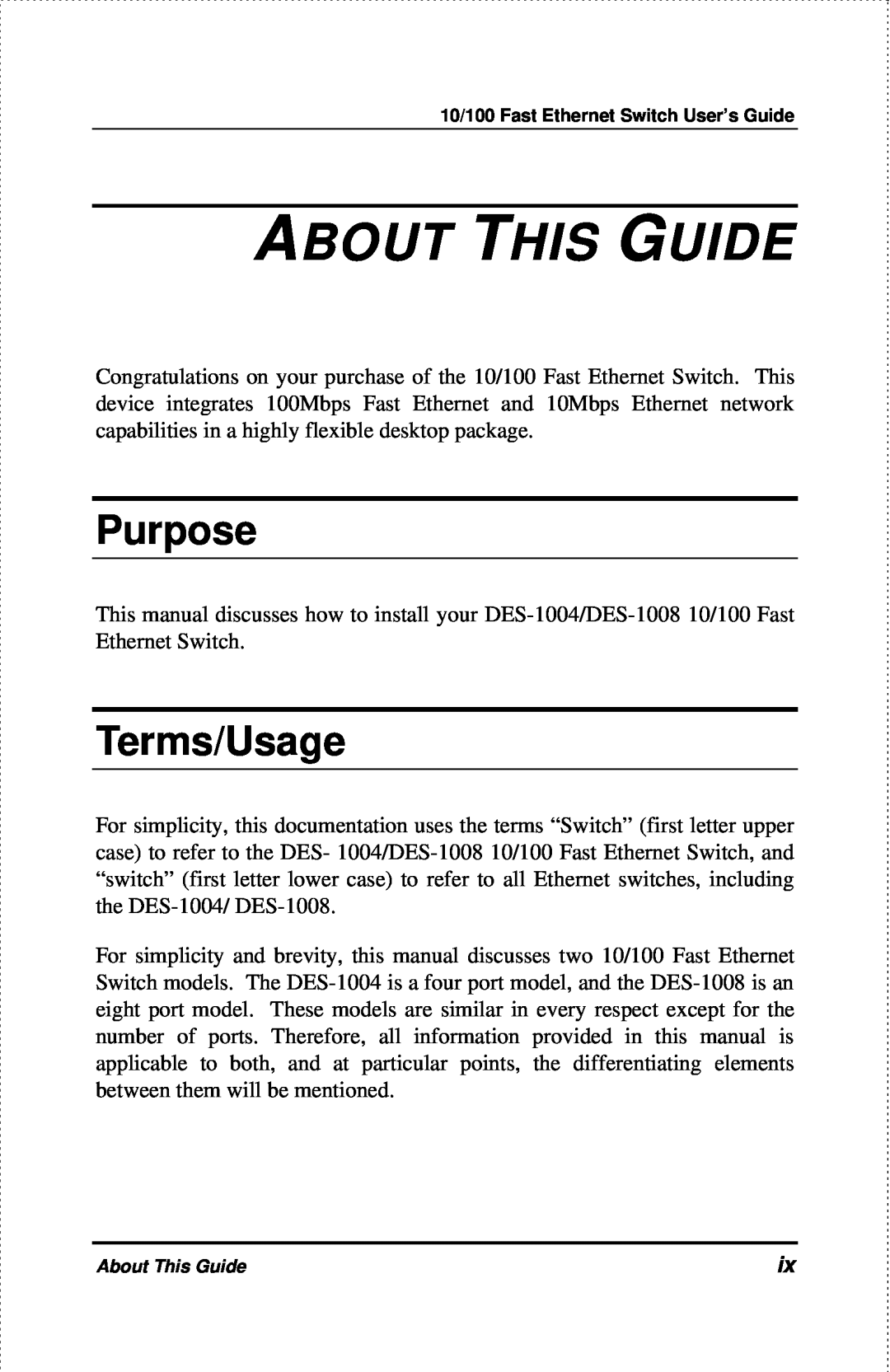 D-Link DES-1004 manual About This Guide, Purpose, Terms/Usage 
