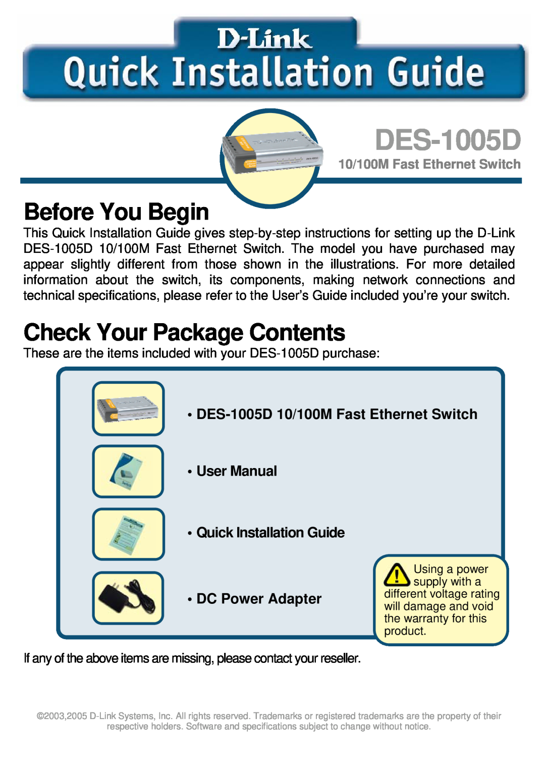D-Link DES-1005D technical specifications Before You Begin, Check Your Package Contents, 10/100M Fast Ethernet Switch 