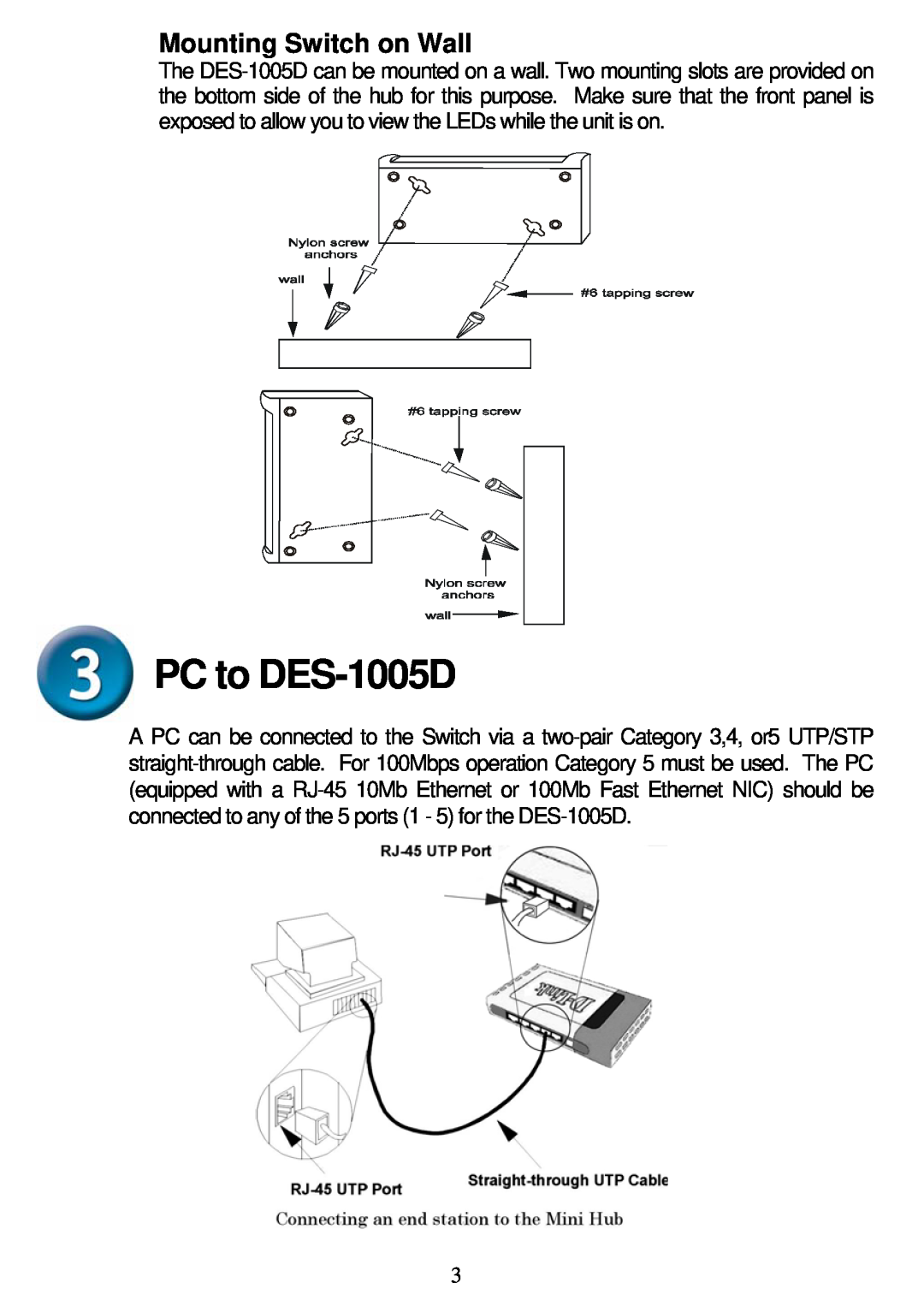 D-Link technical specifications PC to DES-1005D, Mounting Switch on Wall 