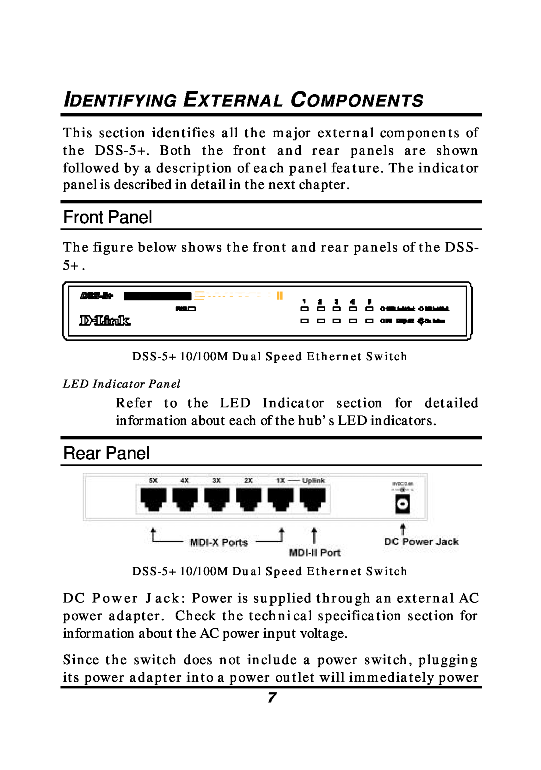 D-Link DES-1005D manual Front Panel, Rear Panel, Identifying External Components 