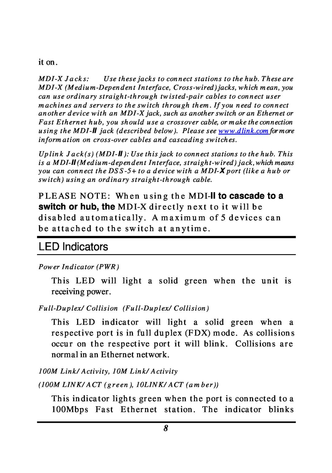 D-Link DES-1005D manual LED Indicators 