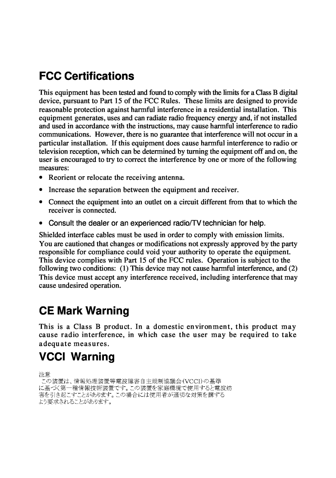 D-Link DES-1005D manual FCC Certifications, CE Mark Warning, VCCI Warning 
