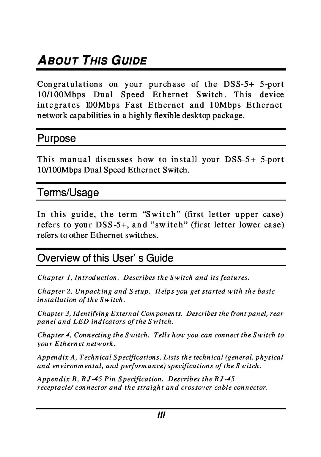 D-Link DES-1005D manual Purpose, Terms/Usage, Overview of this User’s Guide, About This Guide 