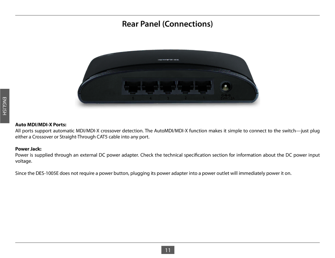 D-Link DES-1005E manual Auto MDI/MDI-X Ports, Power Jack 