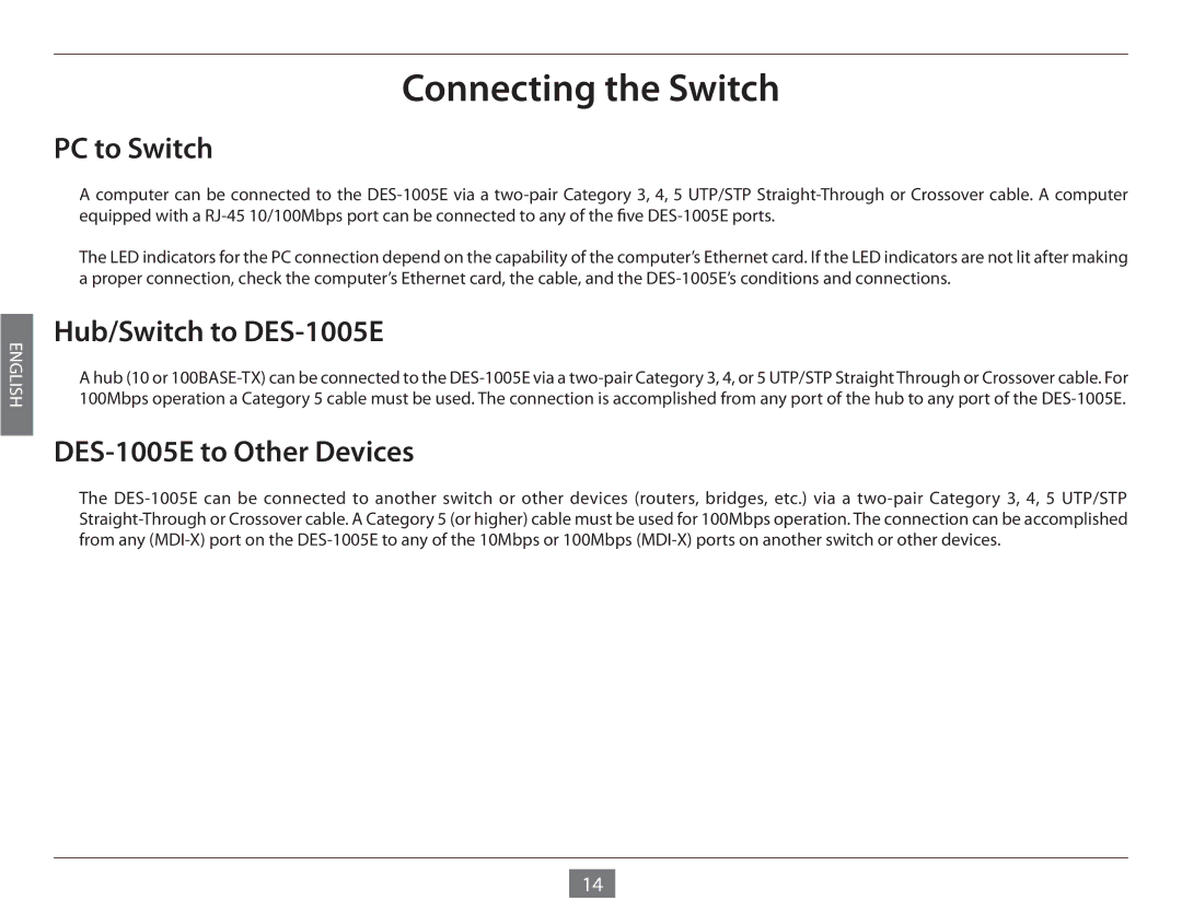 D-Link DES-1005E manual Connecting the Switch, PC to Switch 