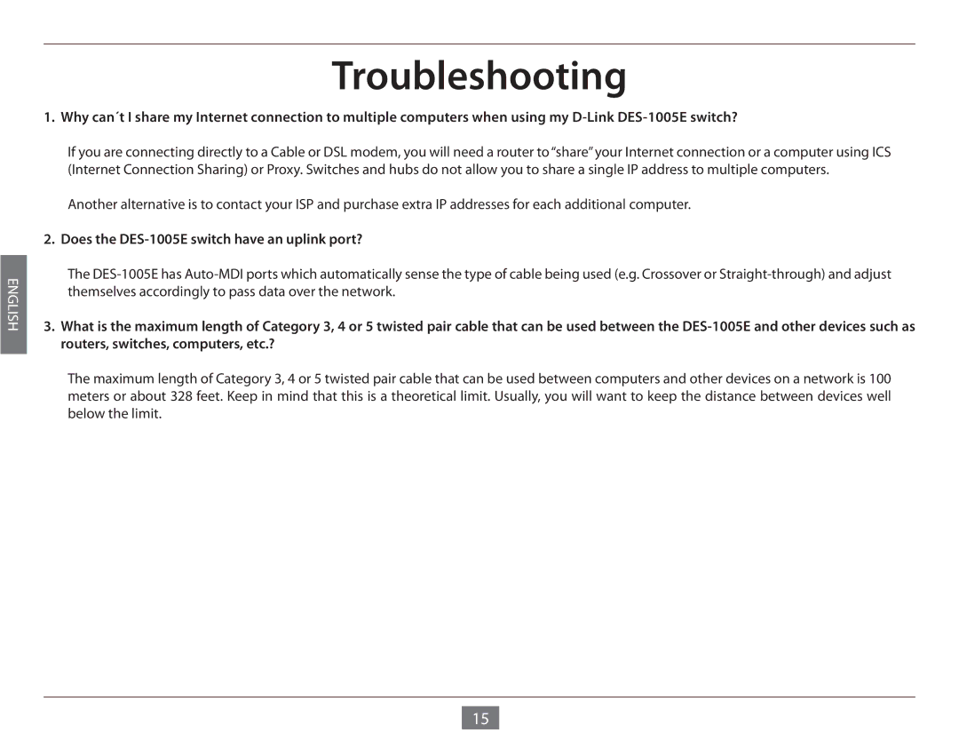 D-Link manual Troubleshooting, Does the DES-1005E switch have an uplink port? 