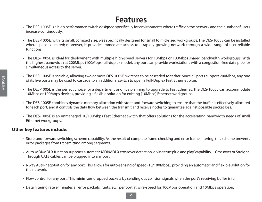 D-Link DES-1005E manual Features, Other key features include 