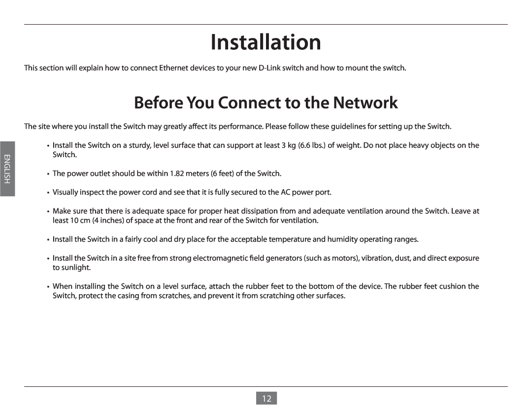 D-Link DES-1005E manual Installation, Before You Connect to the Network, English 