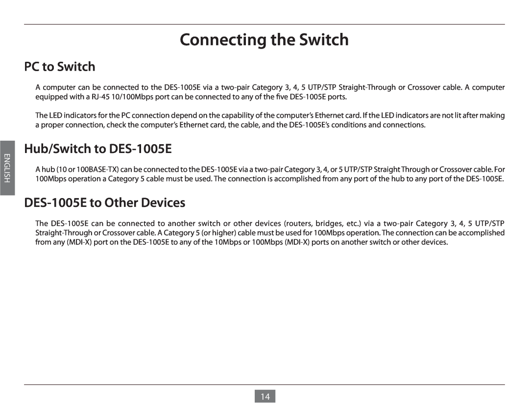 D-Link manual Connecting the Switch, PC to Switch, Hub/Switch to DES-1005E, DES-1005E to Other Devices, English 