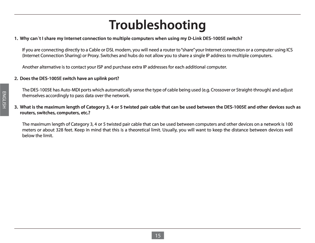 D-Link DES-1005E manual Troubleshooting, English 