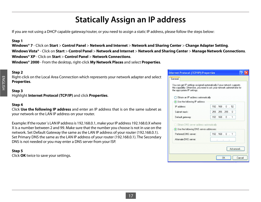 D-Link DES-1005E manual Statically Assign an IP address, English 