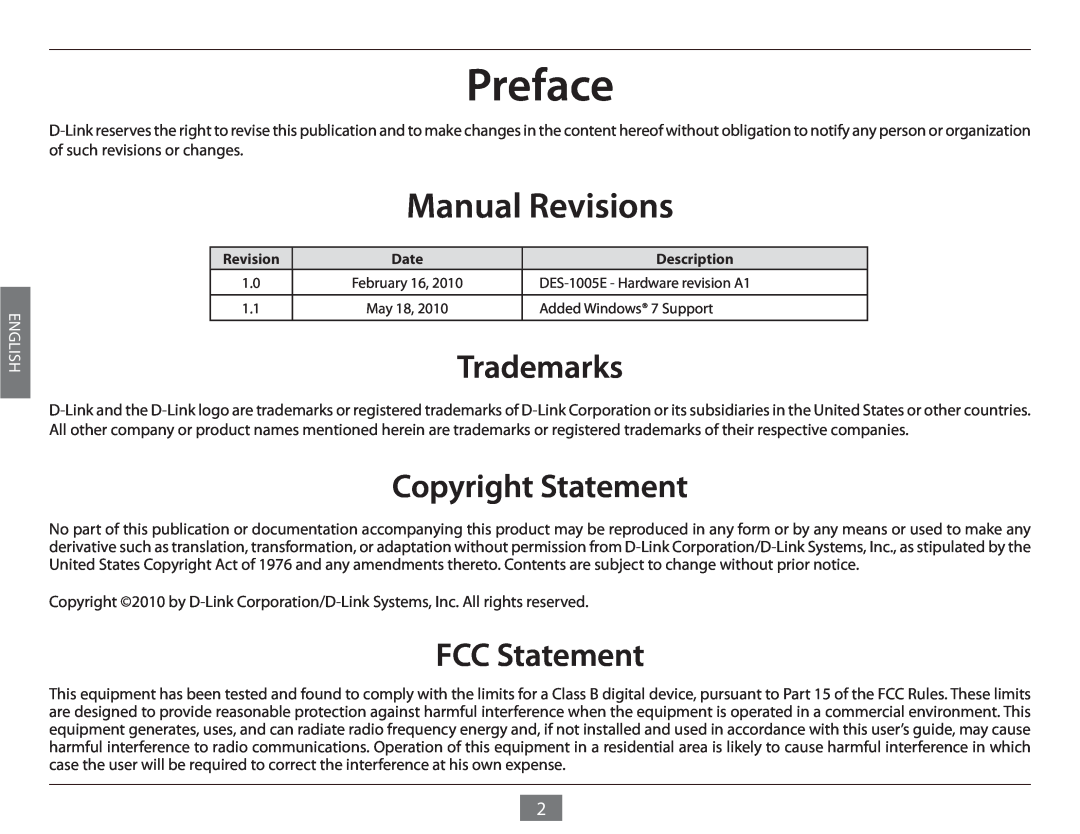 D-Link DES-1005E manual Preface, Manual Revisions, English, Trademarks, Copyright Statement, FCC Statement 