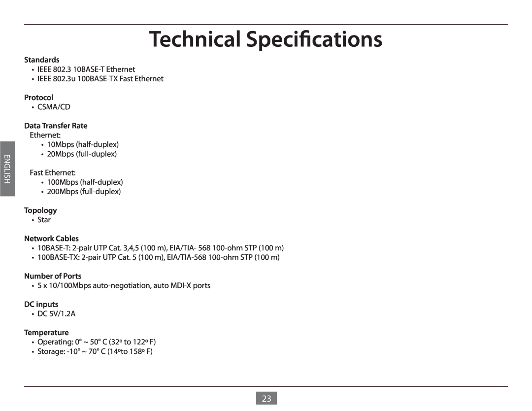 D-Link DES-1005E manual Technical Specifications, English 
