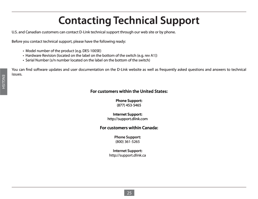 D-Link DES-1005E manual Contacting Technical Support, For customers within the United States, For customers within Canada 