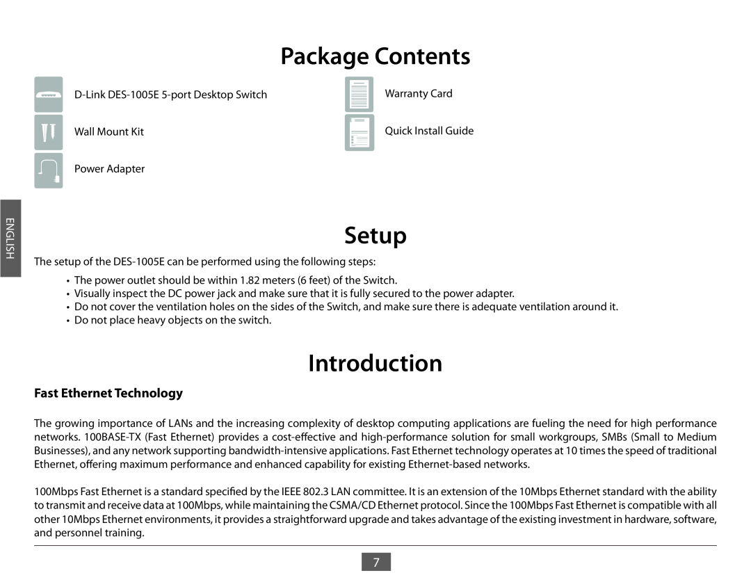 D-Link DES-1005E manual Package Contents, Setup, Introduction, Fast Ethernet Technology, Product Overview, English 