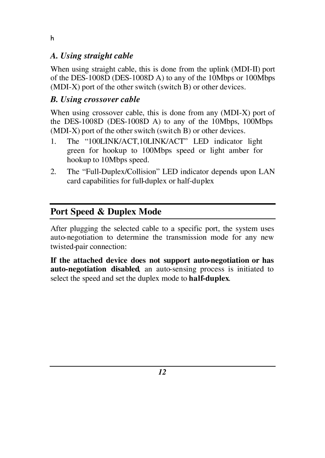 D-Link DES-1008D manual Port Speed & Duplex Mode 