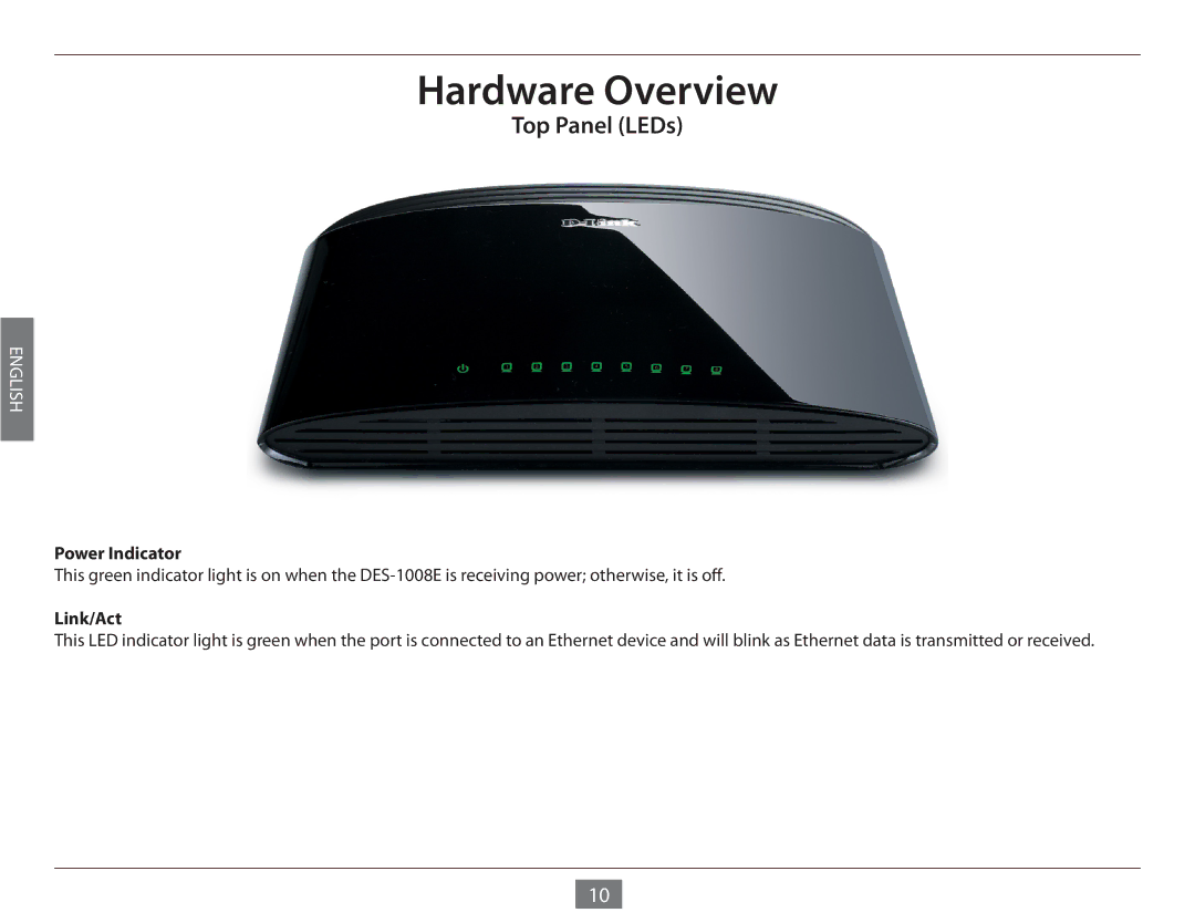 D-Link DES-1008E manual Hardware Overview, Top Panel LEDs, Power Indicator, Link/Act 