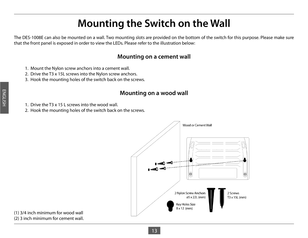 D-Link DES-1008E manual Mounting the Switch on the Wall, Mounting on a cement wall, Mounting on a wood wall 