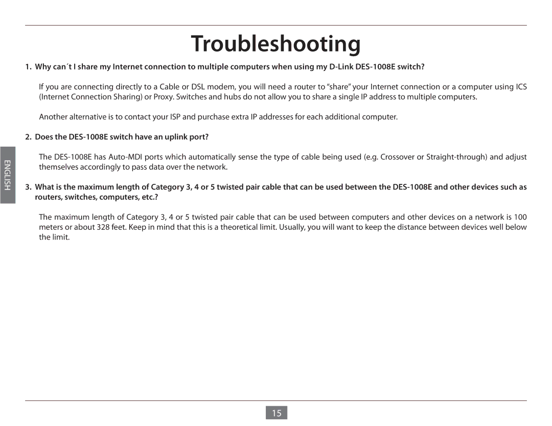 D-Link manual Troubleshooting, Does the DES-1008E switch have an uplink port? 