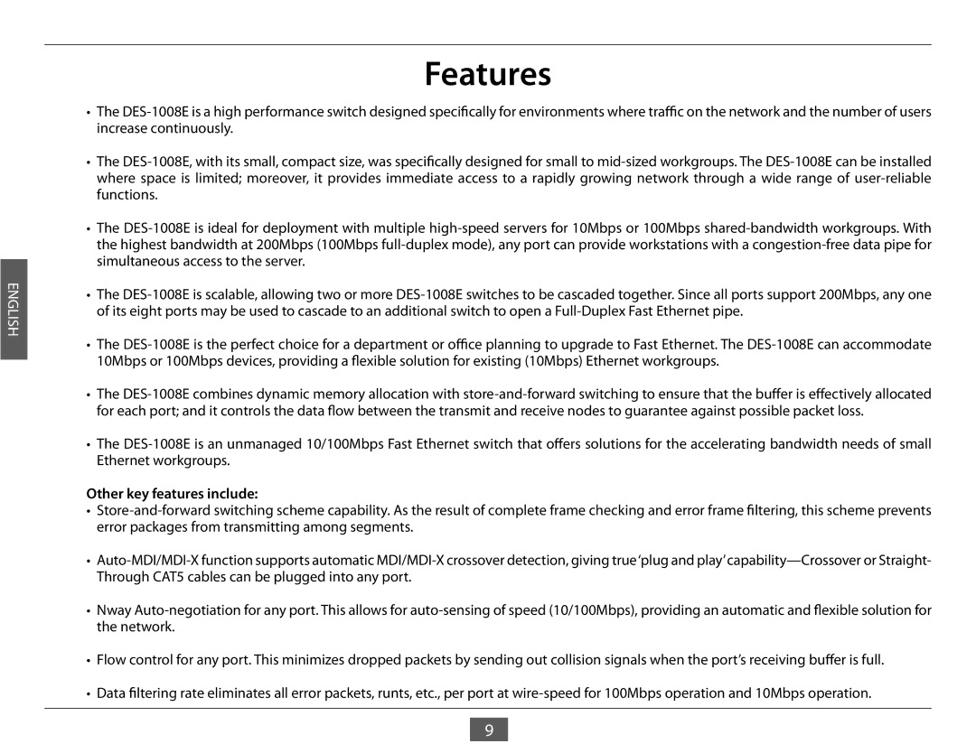 D-Link DES-1008E manual Features, Other key features include 