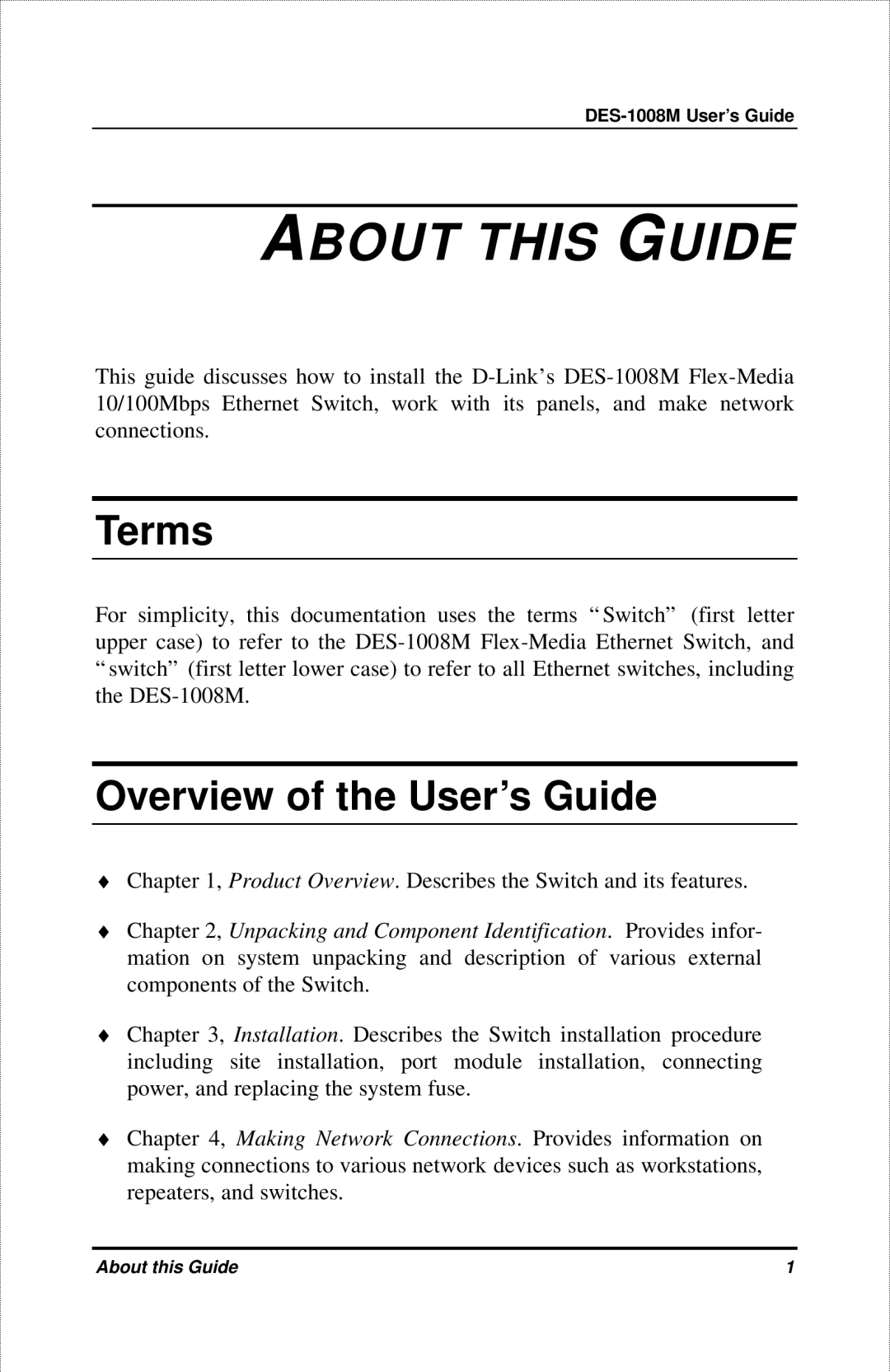 D-Link DES-1008M manual About this Guide, Terms 