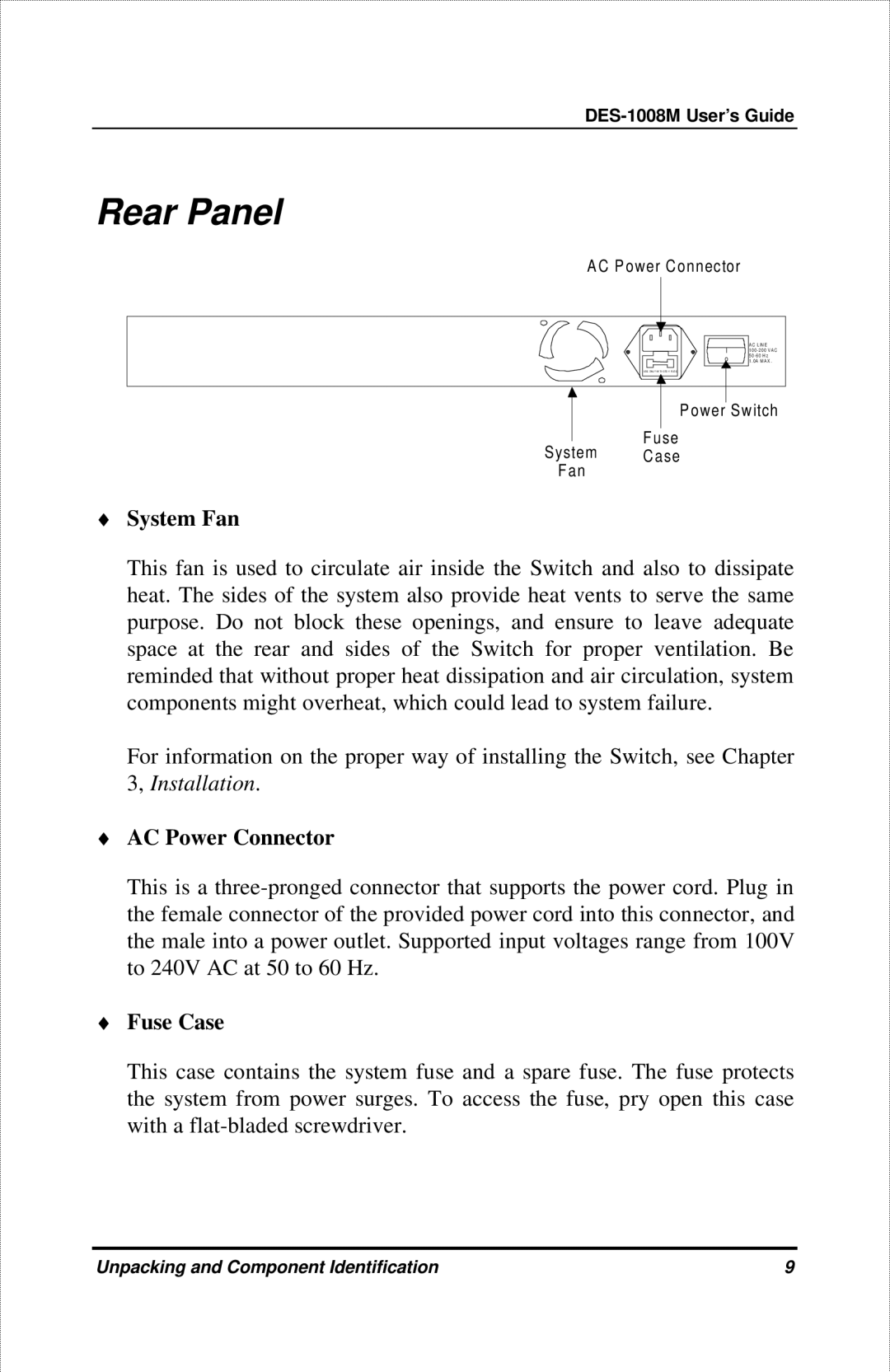 D-Link DES-1008M manual System Fan, AC Power Connector, Fuse Case 