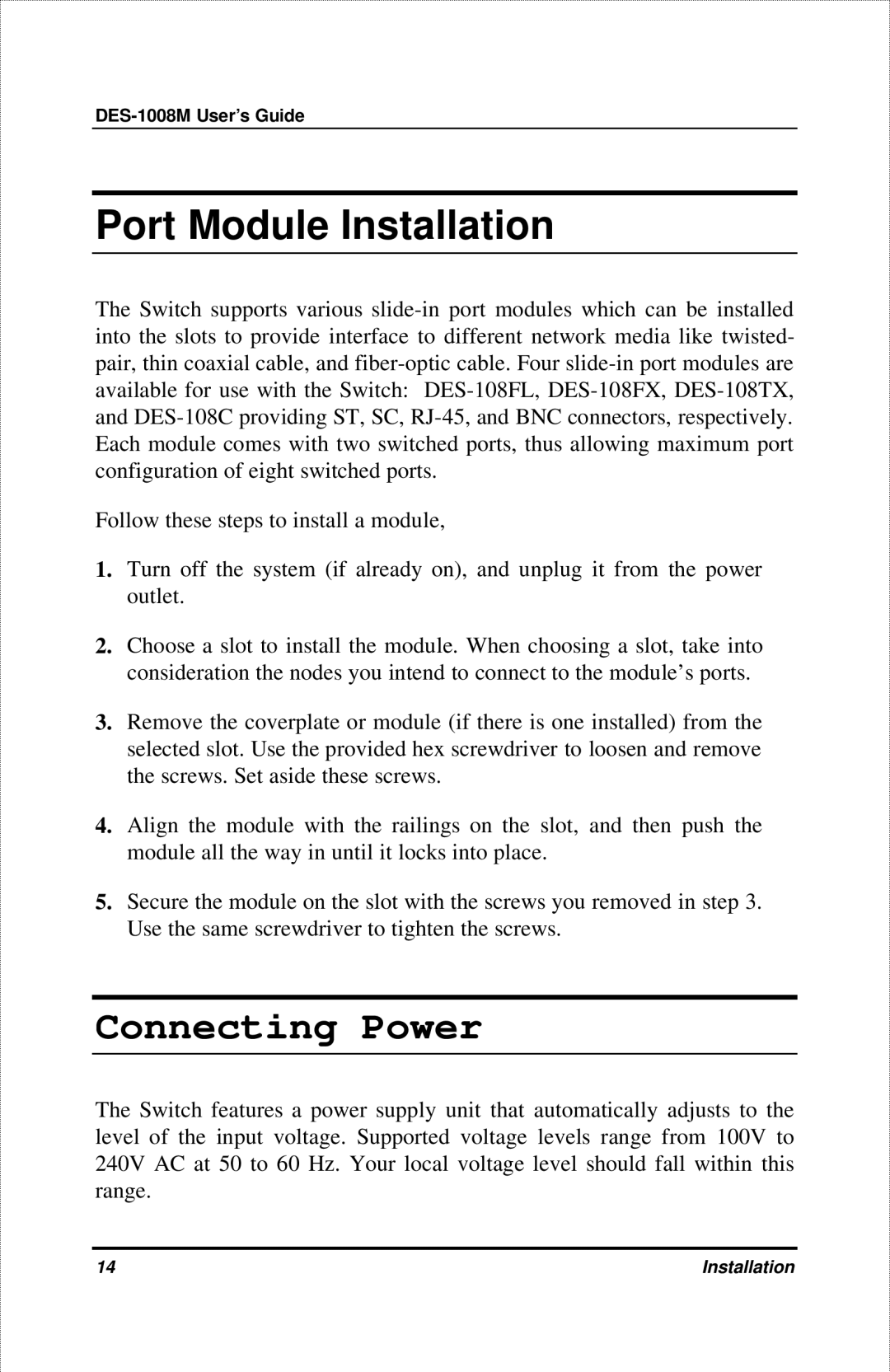 D-Link DES-1008M manual Port Module Installation, Connecting Power 